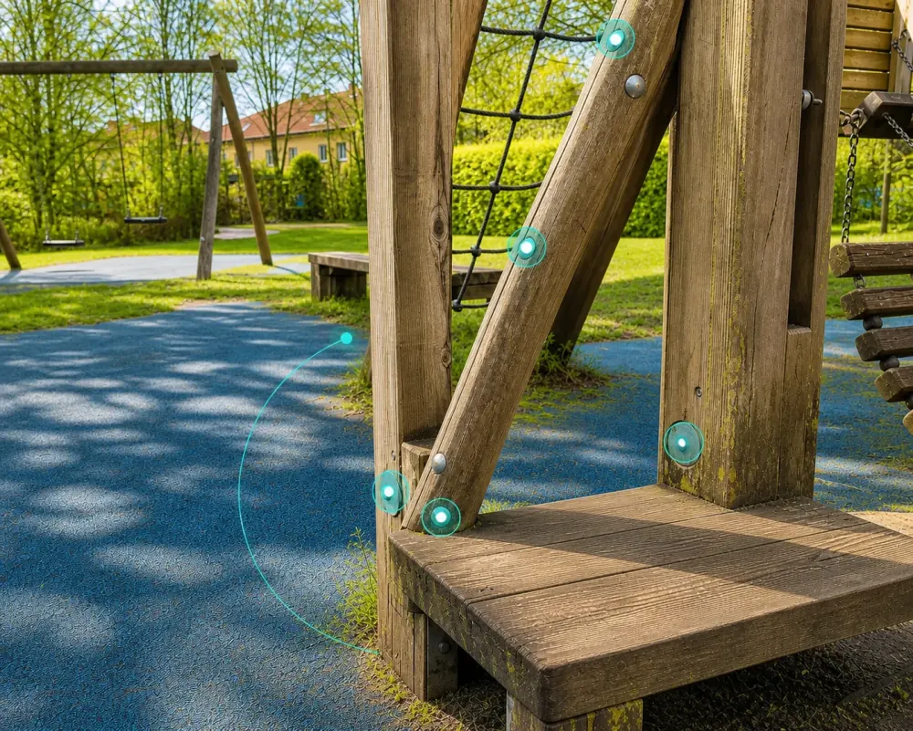 Hölzernes Spielgerät auf einem Quartiersspielplatz, an Pfosten, Streben und Verbindungen sind Prüfpunkte markiert