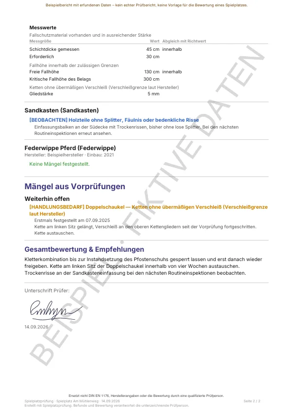 Seite 2 des Beispielberichts: weitere Befunde je Gerät, Mängel aus Vorprüfungen, Gesamtbewertung und Unterschrift